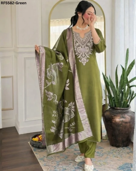 Slub Cotton Embroidered Kurti Set with Chanderi Dupatta!