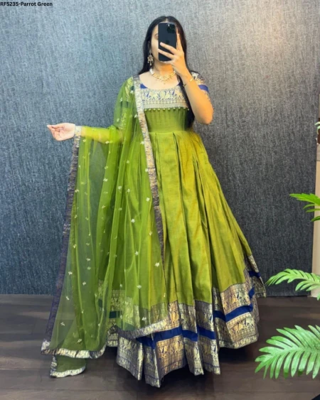 Elegant Narayanpet Silk Gown with Sequin Net Dupatta!