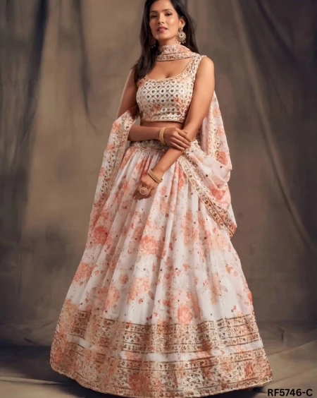 Elegant Tabby Organza Lehenga with Sequins Zari Embroidery & Printed Dupatta