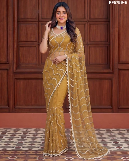 Elegant Net Saree with Beads, Sequins & Pearl Embroidery – Premium Party Wear!