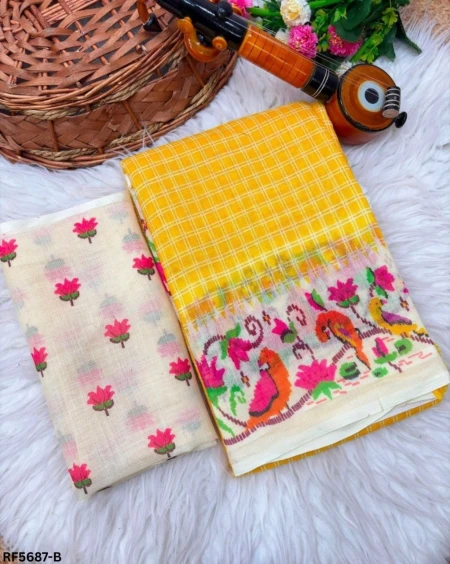 Elegant Linen Cotton Digital Print Saree with Unstitched Blouse!