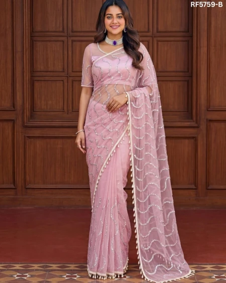 Elegant Net Saree with Beads, Sequins & Pearl Embroidery – Premium Party Wear!