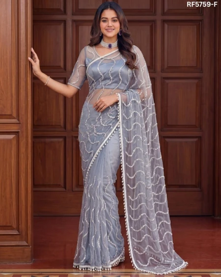 Elegant Net Saree with Beads, Sequins & Pearl Embroidery – Premium Party Wear!
