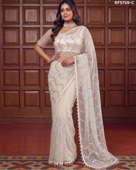 Elegant Net Saree with Beads, Sequins & Pearl Embroidery – Premium Party Wear!