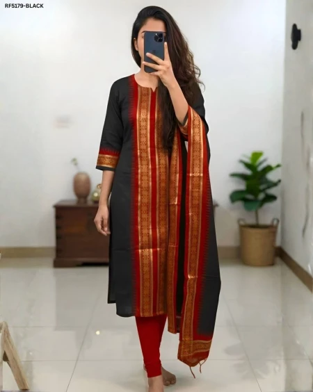 Premium Silk Cotton Kurti with Zari Kanchi Border & Contrast Zari Weaving Dupatta!