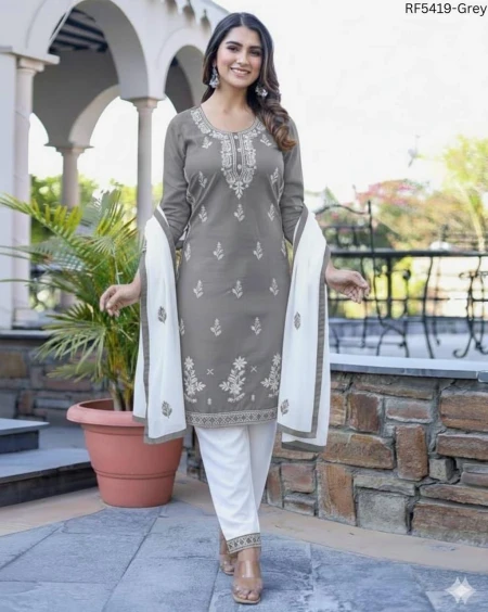 Rayon Cotton Embroidered Kurti Pant Set with Viscose Rayon Dupatta Festive Wear for Women!