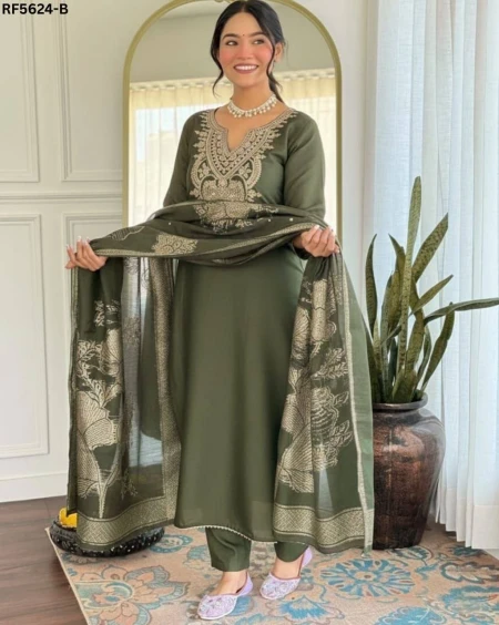 Cotton Blend Embroidered Kurti Set with Jacquard Dupatta!