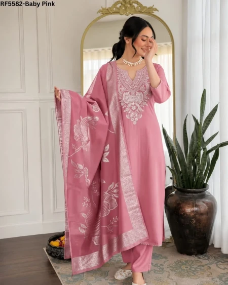 Slub Cotton Embroidered Kurti Set with Chanderi Dupatta!