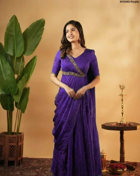 Elegant Vichitra Silk Gown Saree with Embroidery Thread Work!