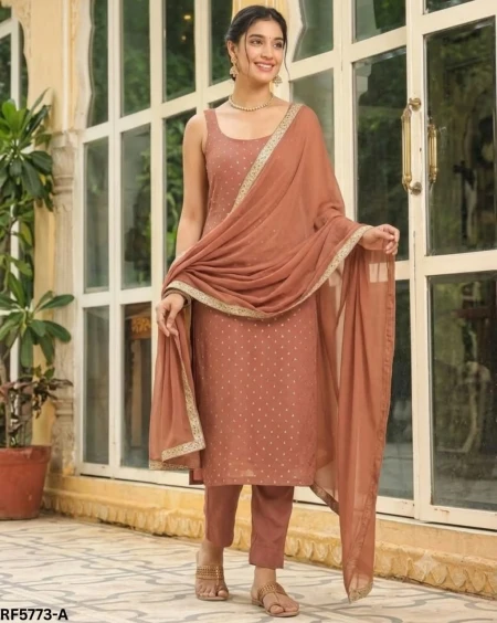 Slub Cotton Foil Work Kurti Pant Set With Dupatta!