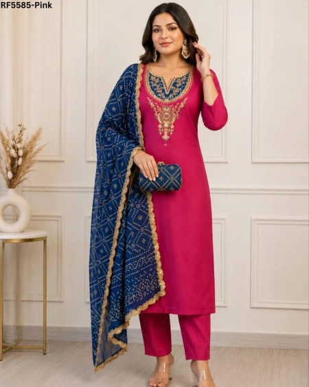 Slub Cotton Embroidered Kurti Set with Micro Dupatta!