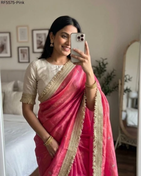 Space Silk Embroidered Saree with Contrast Blouse!