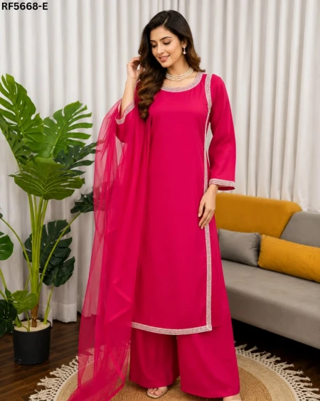 Natural Crepe Embroidered Straight Cut Kurti Set with Organza Dupatta!