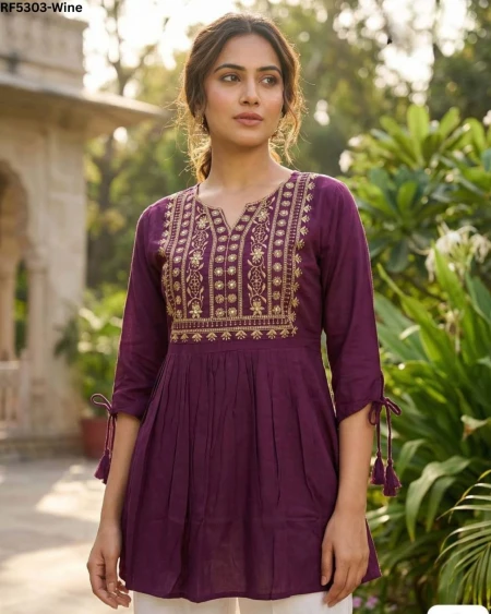 Stylish Heavy Rayon Short Kurti with Embroidery Thread Work!