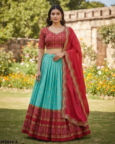 Dull Moss Foil Print Lehenga Set with Chinon Silk Dupatta!
