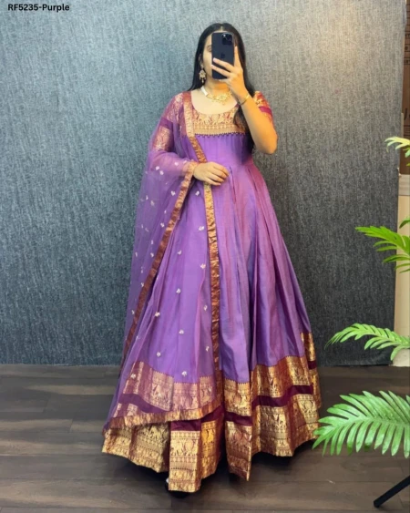 Elegant Narayanpet Silk Gown with Sequin Net Dupatta!