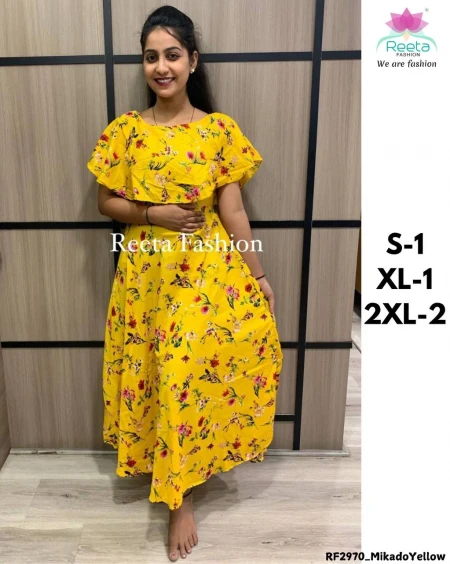 Reeta Fashion Captivating Mikado Yellow Crepe Digital Print Gown