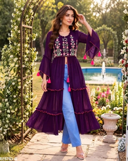 Heavy Georgette Embroidered Long Kurti with Balloon Sleeves – Elegant Party Wear!