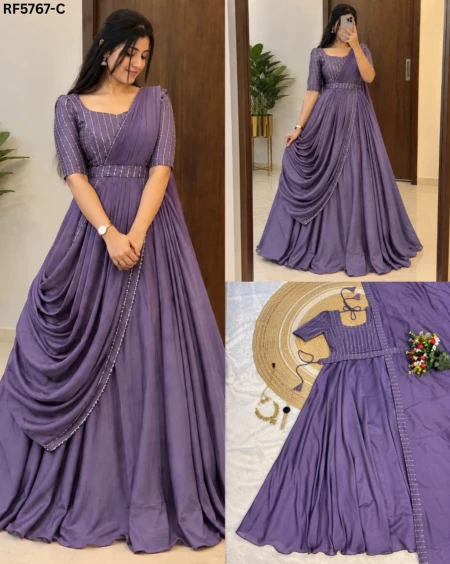 Vichitra Silk Embroidered Gown with Matching Dupatta & Beaded Belt – Elegant Party Wear