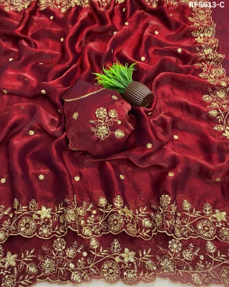 Soft Silk Embroidered Saree with Unstitched Blouse!