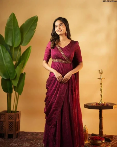 Elegant Vichitra Silk Gown Saree with Embroidery Thread Work!