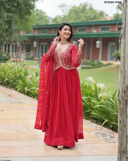 Elegant  Embroidered Faux Georgette Gown Set With Dupatta!