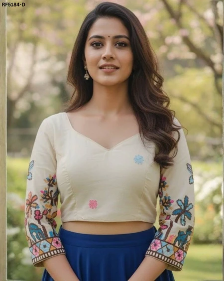 Stylish Cambric Cotton Embroidered Readymade Padded Blouse!