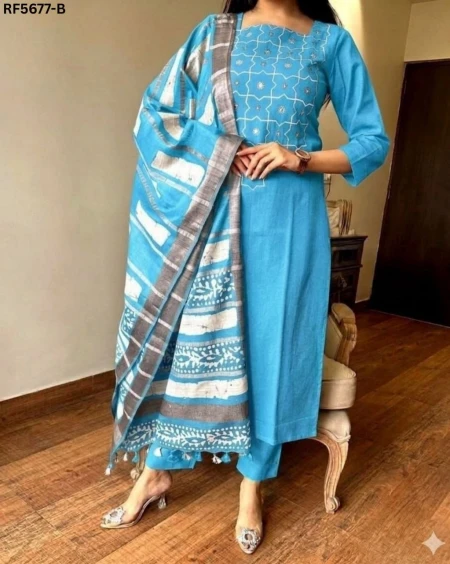 Cotton Slub Embroidered Straight Cut Kurti Set with Chanderi Dupatta