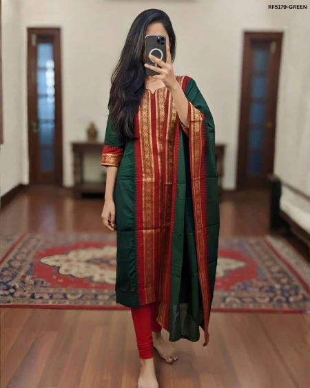 Premium Silk Cotton Kurti with Zari Kanchi Border & Contrast Zari Weaving Dupatta!