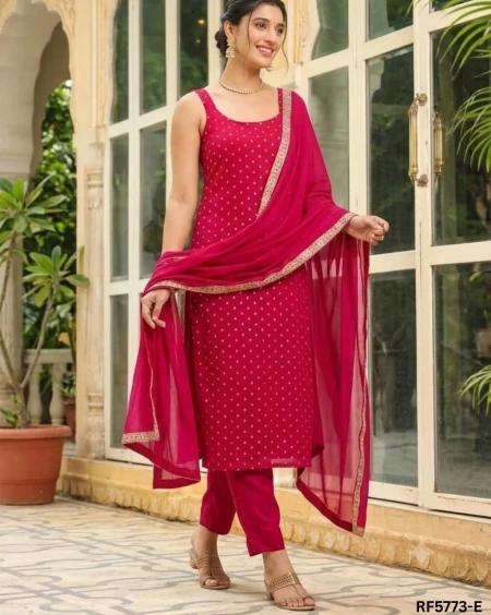 Slub Cotton Foil Work Kurti Pant Set With Dupatta!