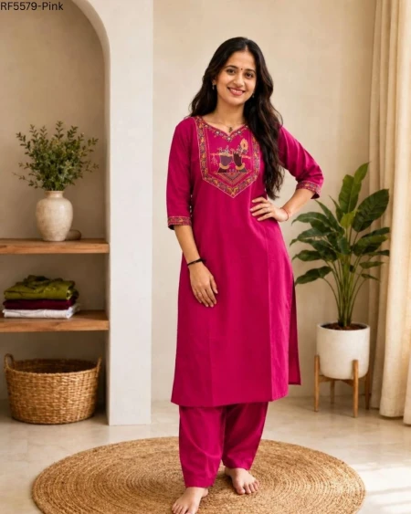 Slub Cotton Embroidered Kurti Pant Set!