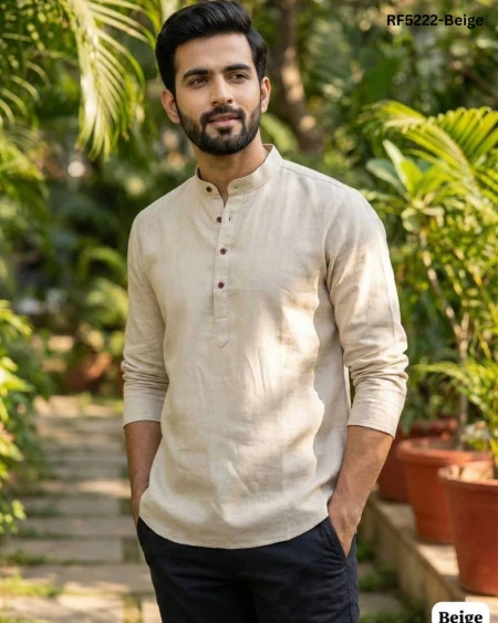 Stylish Khadi Linen Short Kurta for Men with Wooden Buttons!