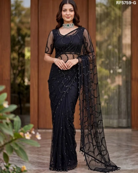 Elegant Net Saree with Beads, Sequins & Pearl Embroidery – Premium Party Wear!