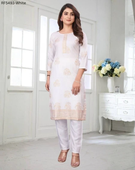 Rayon Foil Print Kurti Pant Set Stylish Ethnic Wear!