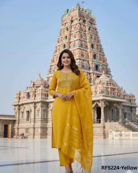 Elegant Slub Cotton Kurti Set with Embroidery & Jacquard Cotton Dupatta!