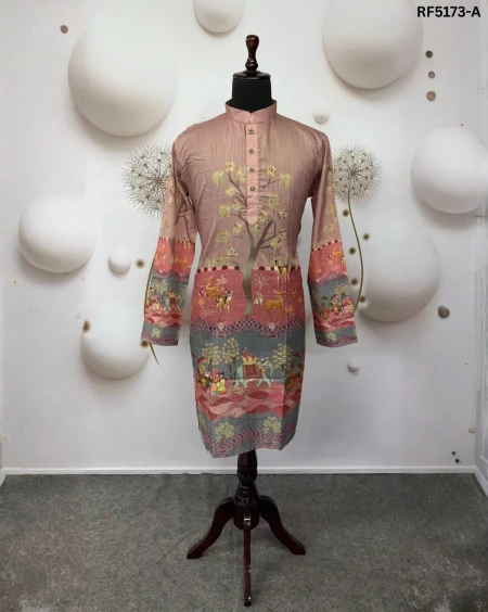 Stylish Cotton Kurta Set with Digital Print & Band Collar Design!