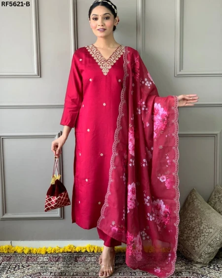 Slub Rayon Embroidered Kurti Set with Chanderi Dupatta
