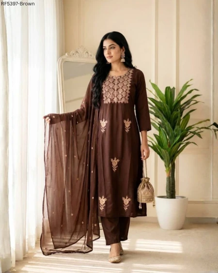 Premium Silk Heavy Embroidered Gown Pant Dupatta Set for Women Festive Wedding Wear!