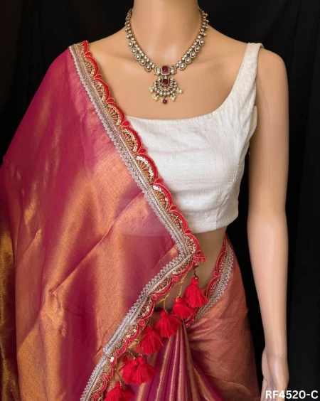 Cotton Mul Mul Tissue Silk Saree with Raw Silk Blouse & Fancy Lace Border