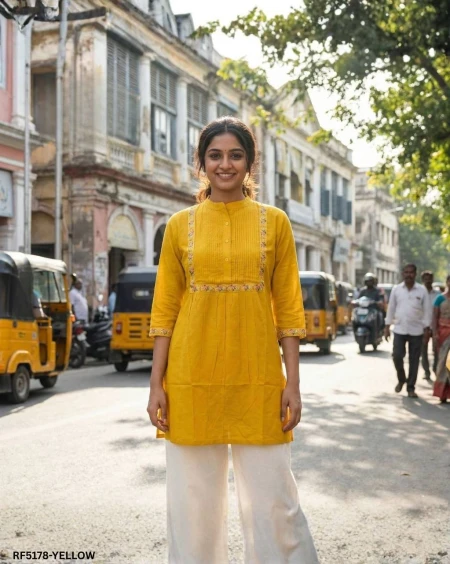 Heavy Rayon Short Kurti with Pleated Pattern & Embroidery Work!