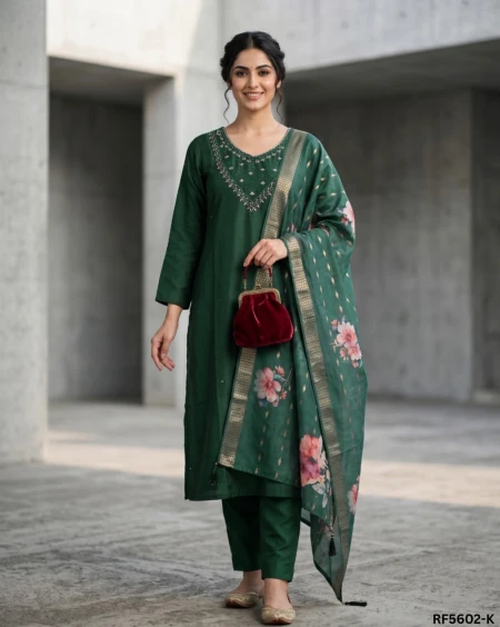 Elegant Viscose Roman Kurti Set with Hand Work & Chanderi Dupatta!