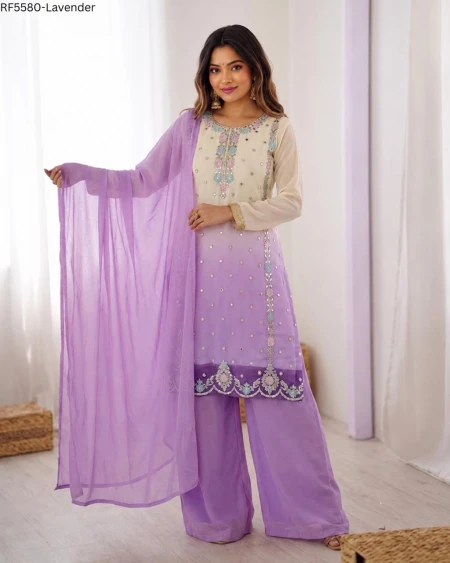 Faux Georgette Embroidered Palazzo Set with Dupatta!