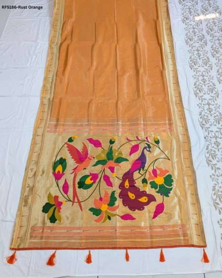 Elegant Paithani Silk Saree with Golden Zari & Meenakari Motifs!