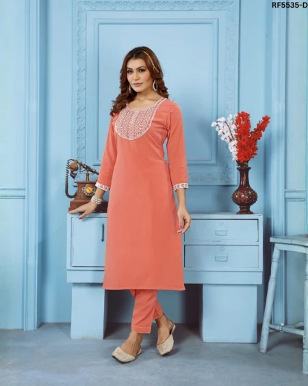 Wrinkle Cotton Embroidered Kurti Set with Two Pockets!