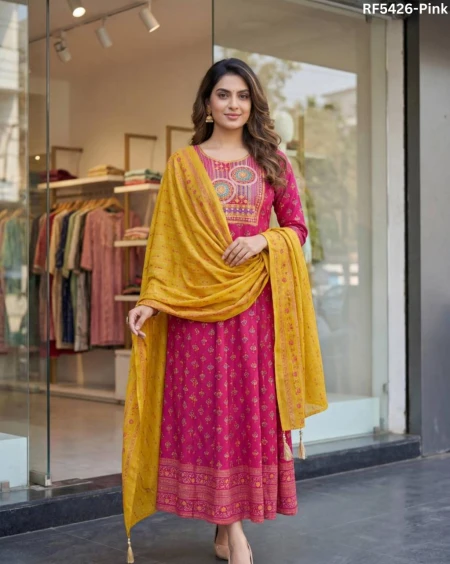 Heavy Rayon Embroidered Printed Gown Set with Chanderi Dupatta Latkans Festive Wear for Women!