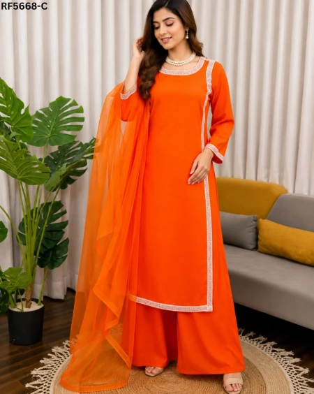 Natural Crepe Embroidered Straight Cut Kurti Set with Organza Dupatta!
