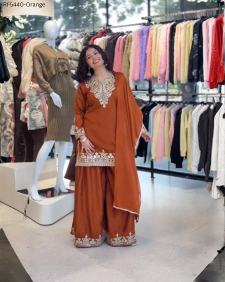 Fendy Embroidered Sequence Top Palazzo Set with Silk Dupatta Lace Border!