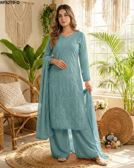 Elegant Faux Georgette Gown with Chikankari Embroidery & Dupatta!