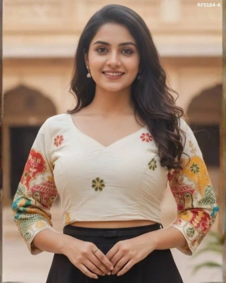 Stylish Cambric Cotton Embroidered Readymade Padded Blouse!