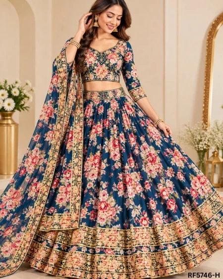 Elegant Tabby Organza Lehenga with Sequins Zari Embroidery & Printed Dupatta